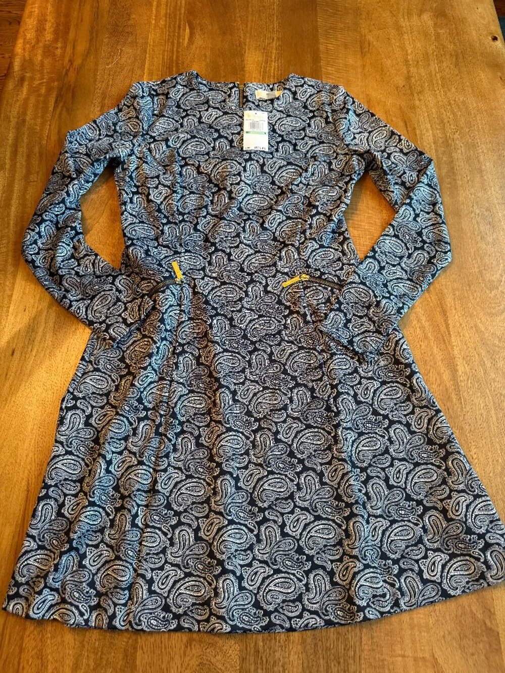 Michael Kors Long Sleeve Paisley Dress with Gold Zipper Pockets